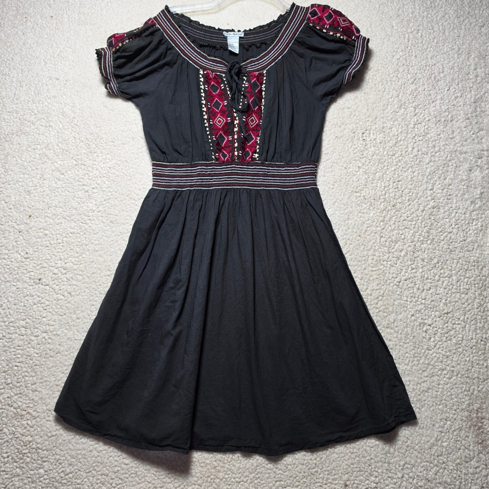 Cute Options Women XL Black Cotton Embroidered Boho Peasant Mini Dress Tie-Front